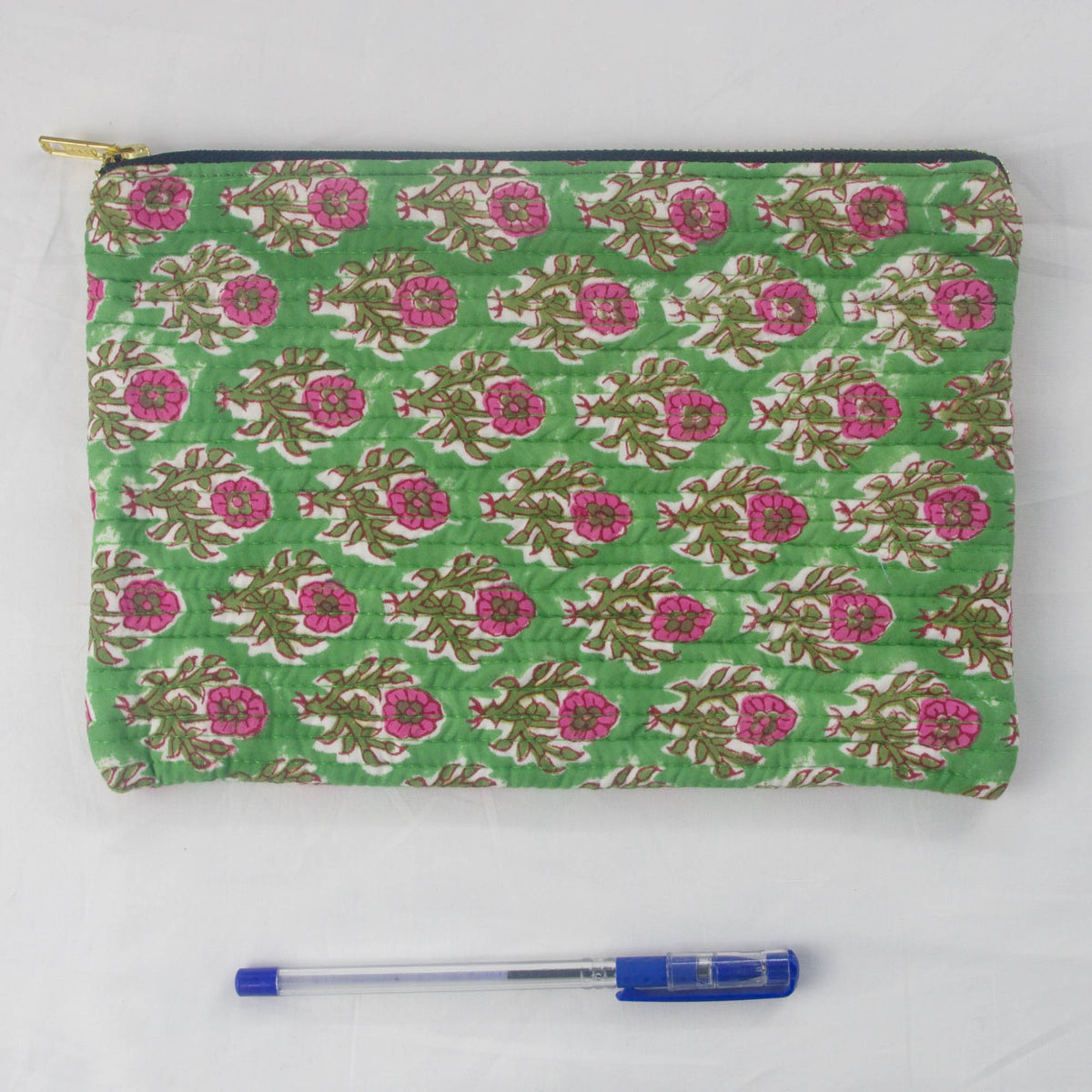 Block Print Makeup Pouch or Pencil Case- Green Pink Floral