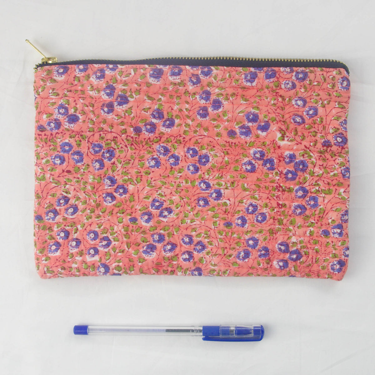 Block Print Makeup Pouch or Pencil Case- Peach Purple Floral