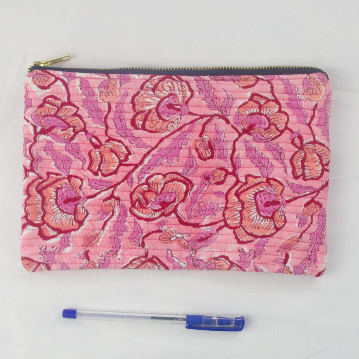 Block Print Makeup Pouch or Pencil Case- Pink Floral Jaal