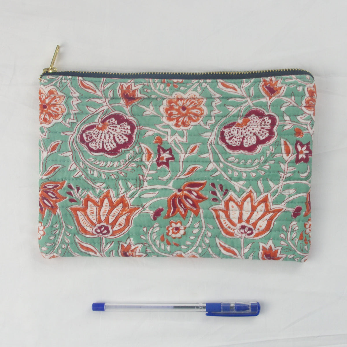 Block Print Makeup Pouch or Pencil Case- Greenish Teal Floral