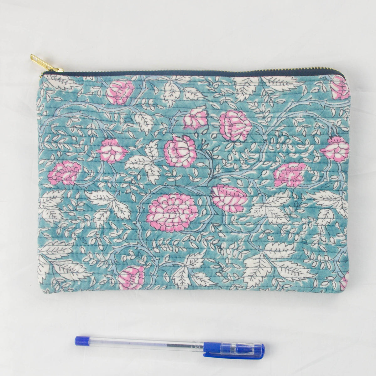 Block Print Makeup Pouch or Pencil Case-Blue Pink White Floral