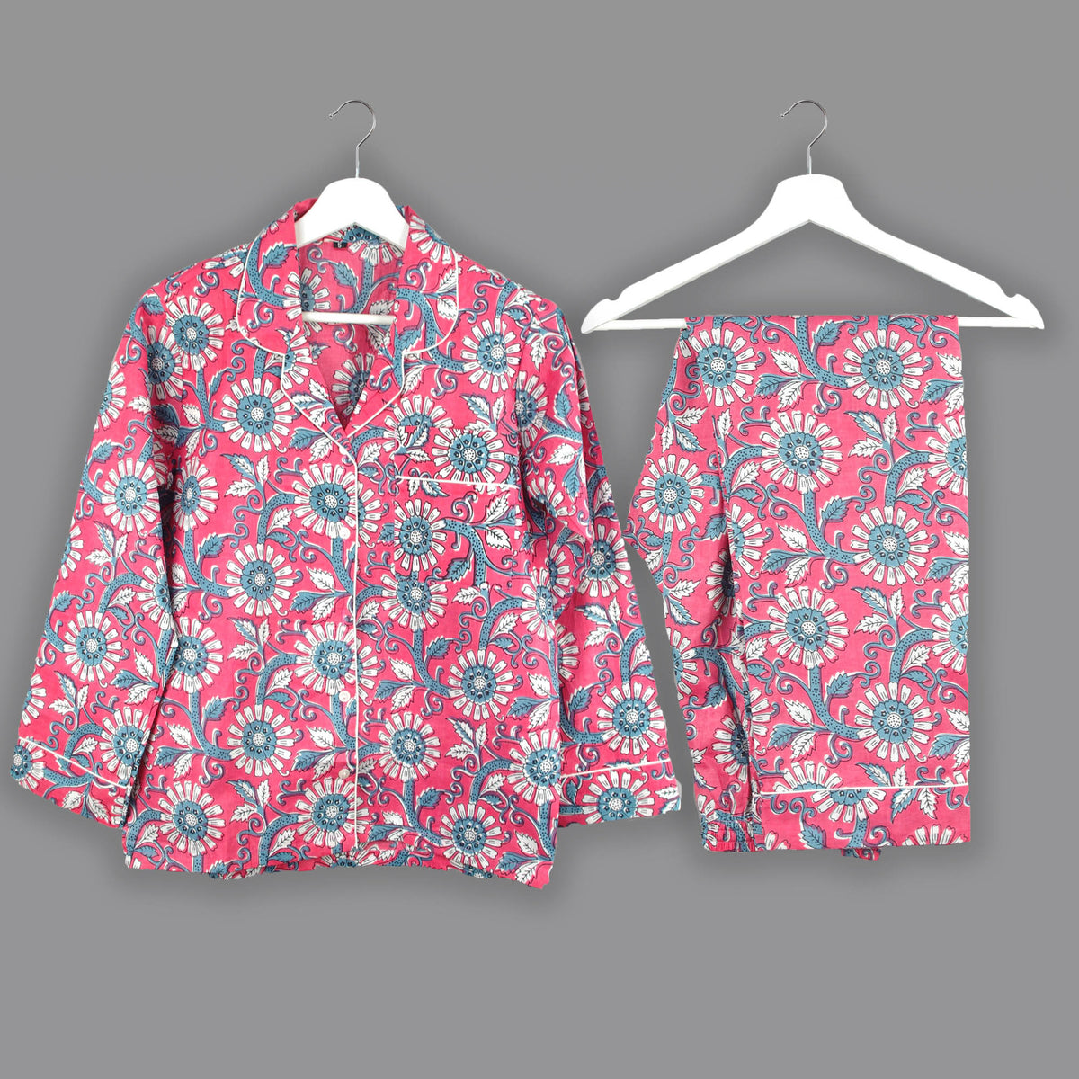 Long Cotton Pyjama Set - Pink With Blue Floral
