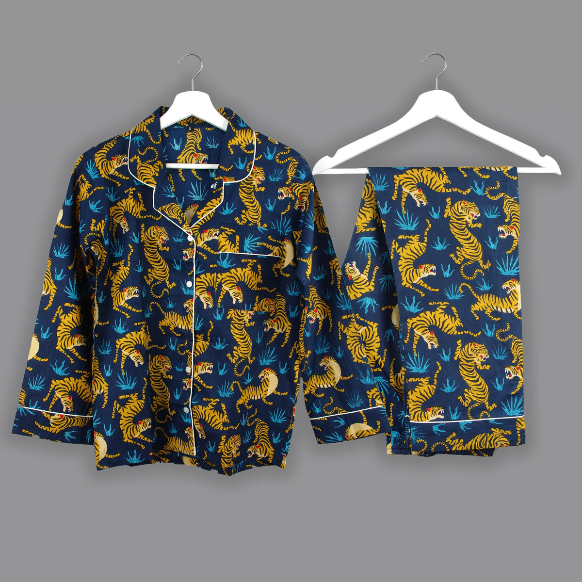 Long Cotton Pyjama Set - Navy Blue With Tiger Print