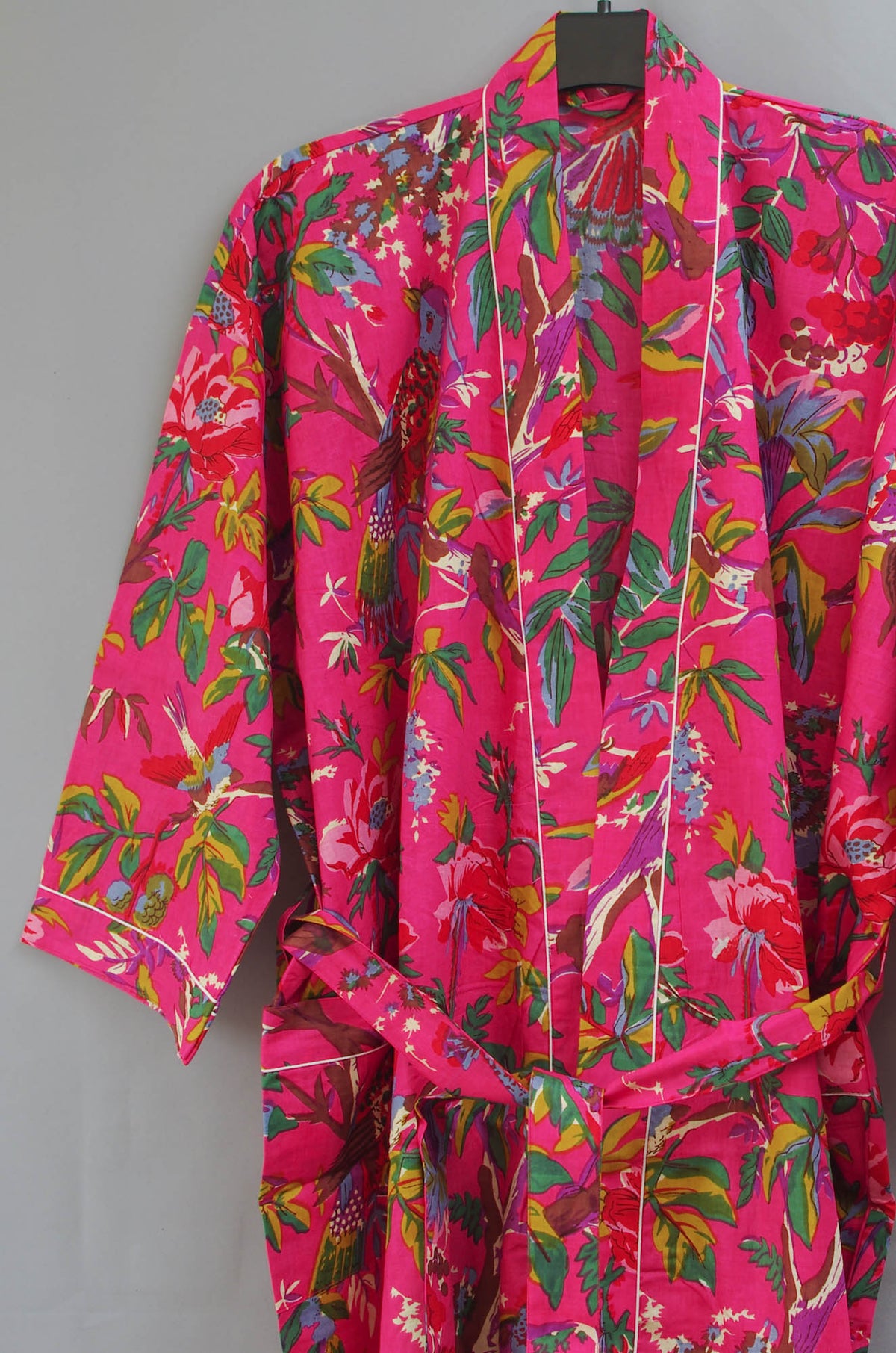 Pink Tropical Birds Print Cotton Kimono Dressing Gown