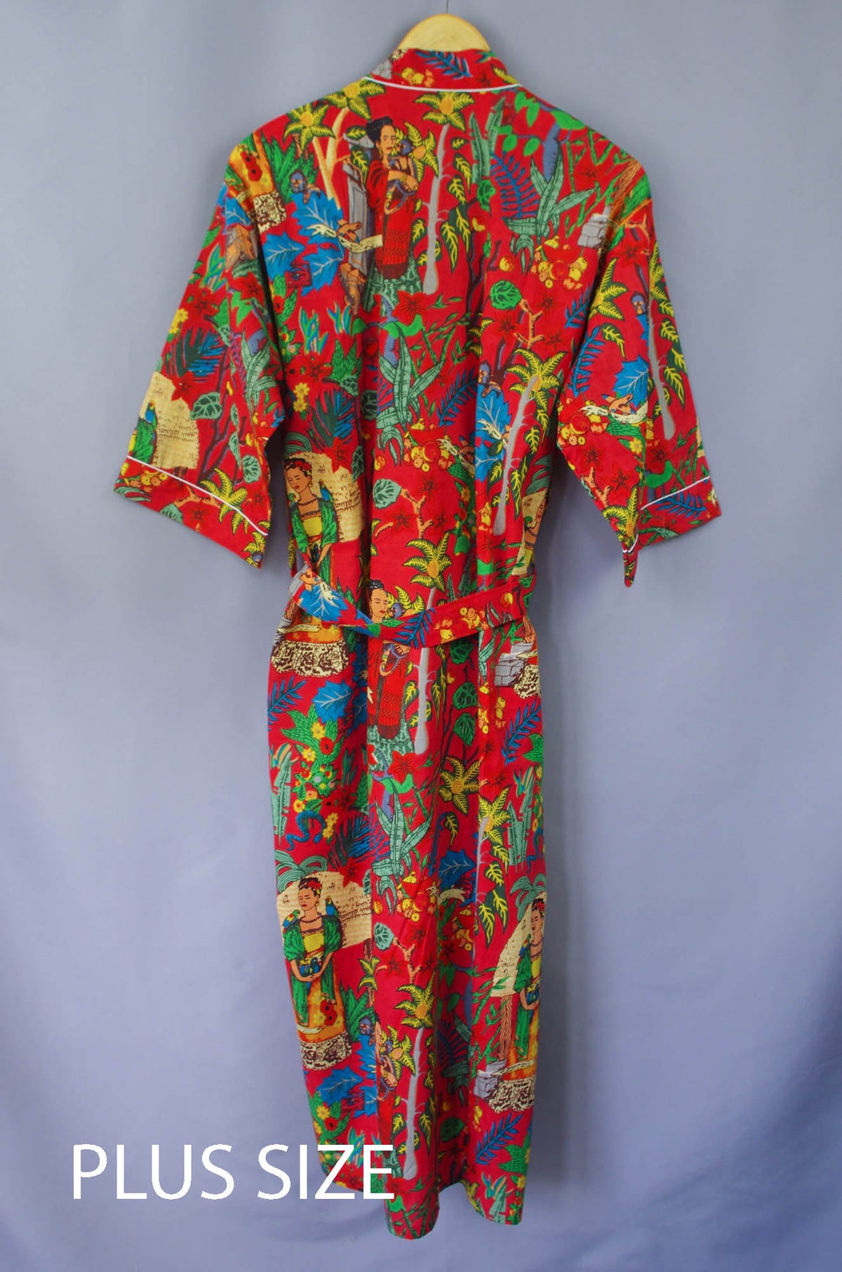 Plus Size Red Frida Kahlo Floral Print Cotton Kimono Dressing Gown