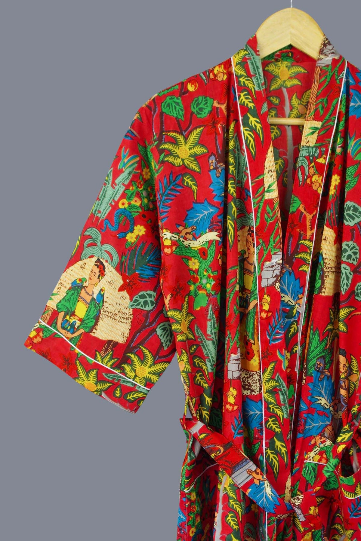 Roter Frida Kahlo Kimono-Bademantel aus Baumwolle mit Blumenmuster