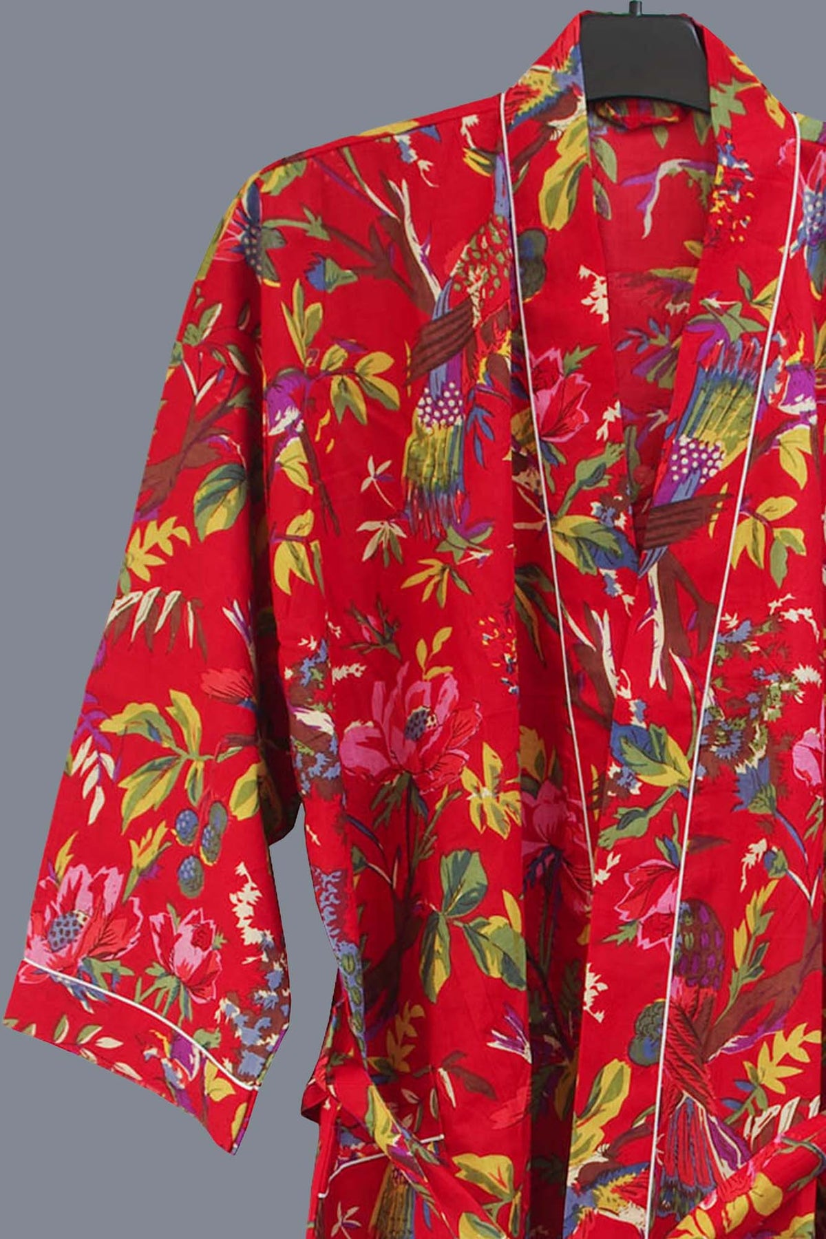 Red Tropical Birds Print Cotton Kimono Dressing Gown