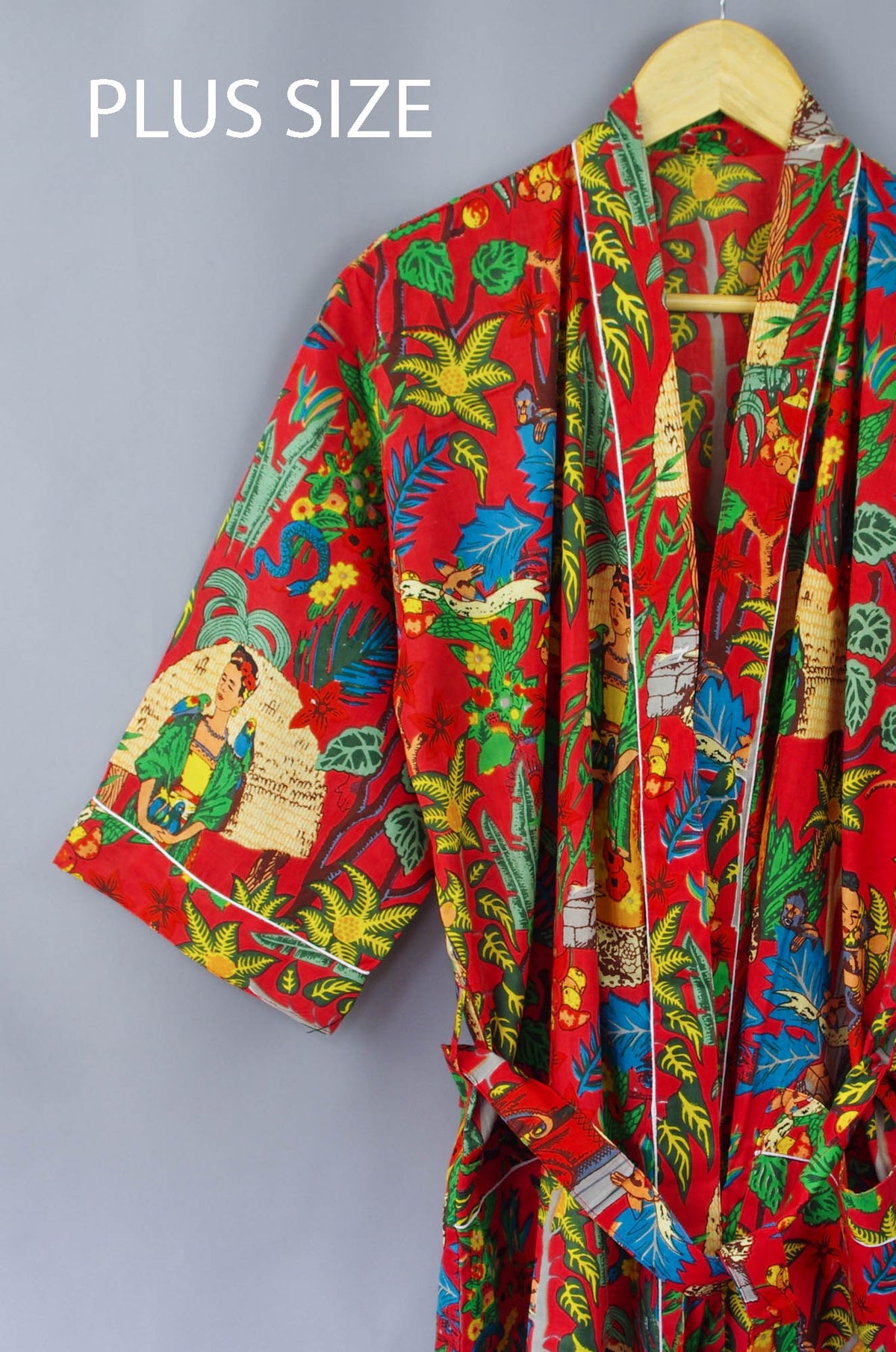 Red Frida Kahlo Floral Print Cotton Kimono Dressing Gown - One & Plus Size