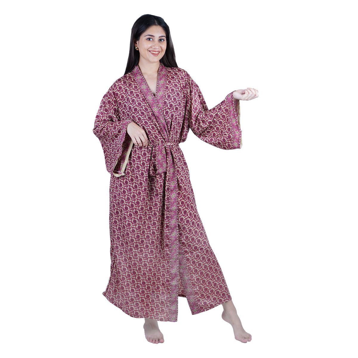 New Luxury Silk Boho Kimono House Robe - Dark Pink Floral Block Print