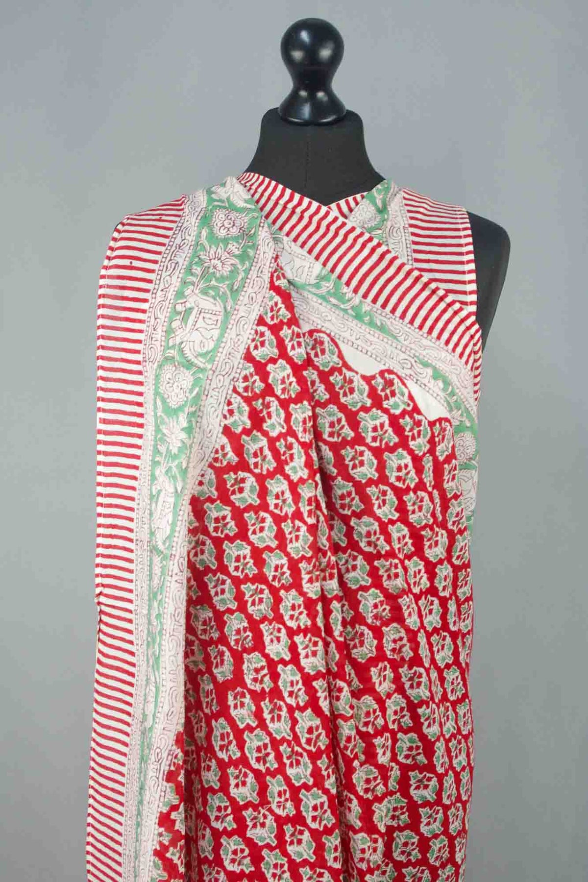 Beach Coverup Sarong Pareo - Red Coral Floral With Elephant Border