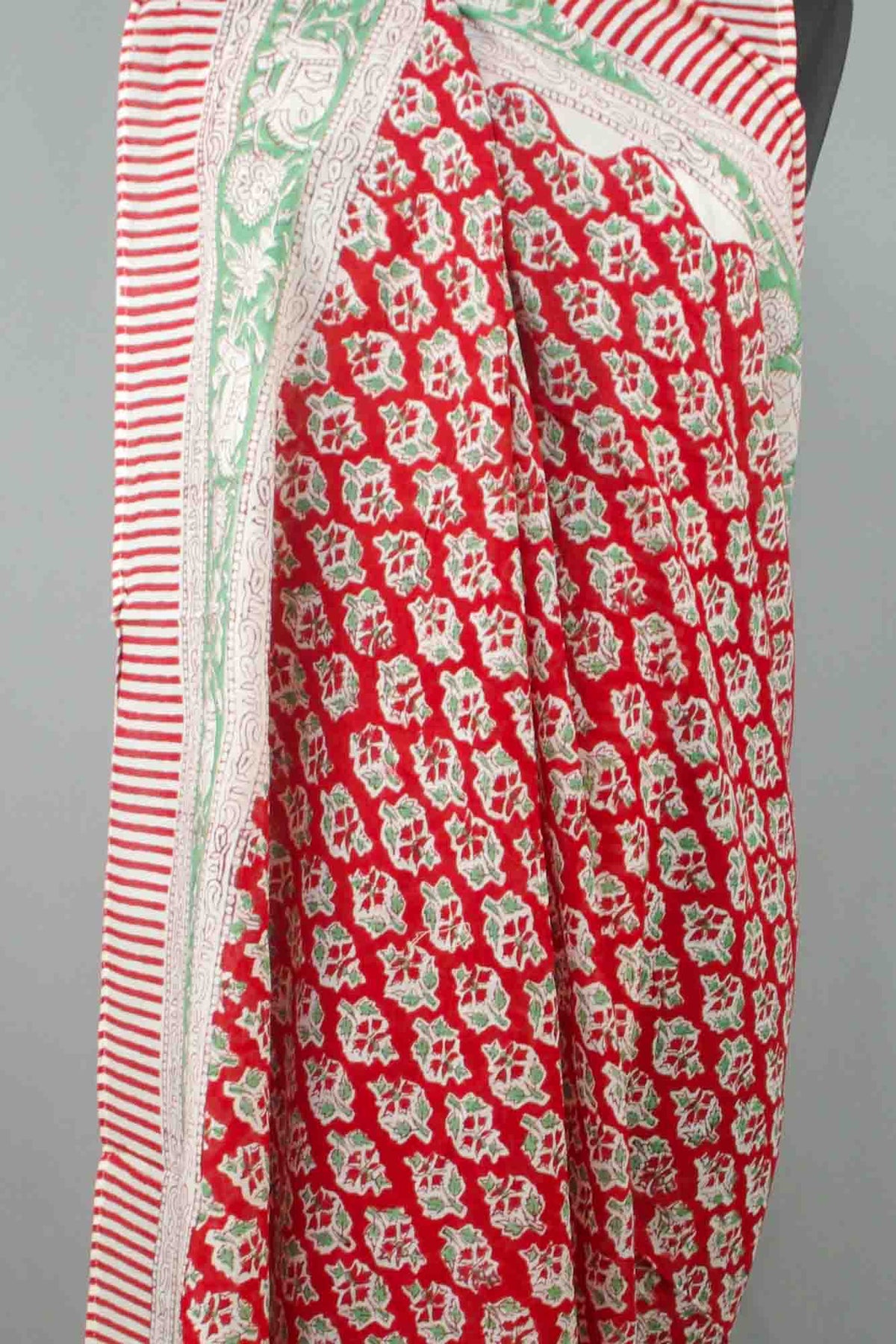 Beach Coverup Sarong Pareo - Red Coral Floral With Elephant Border