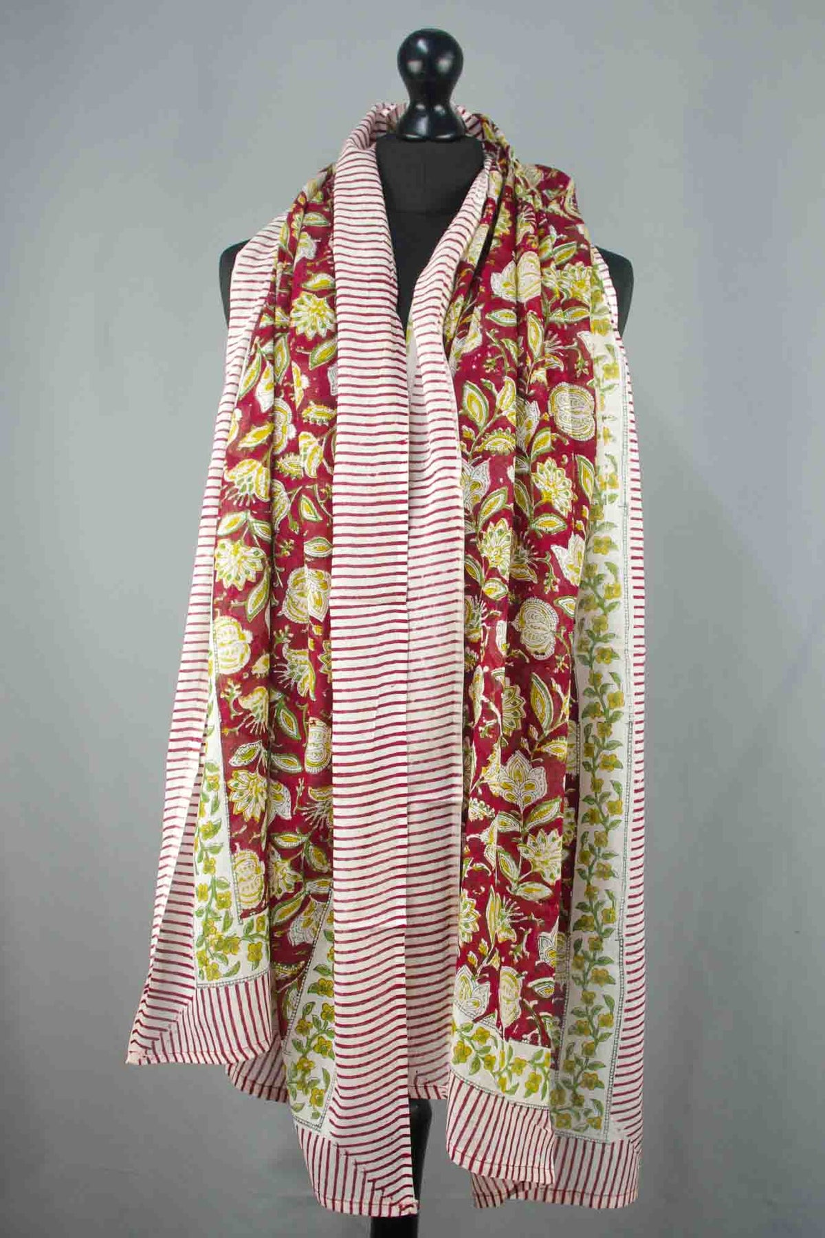 Block Printed Scarf - Wine Red & Olive Green Striped