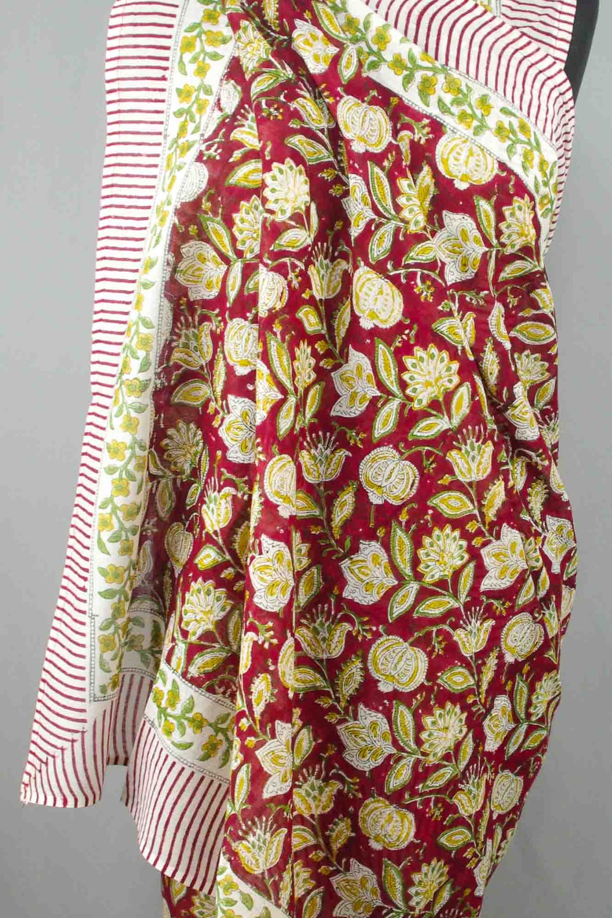 Block Printed Scarf - Wine Red & Olive Green Striped