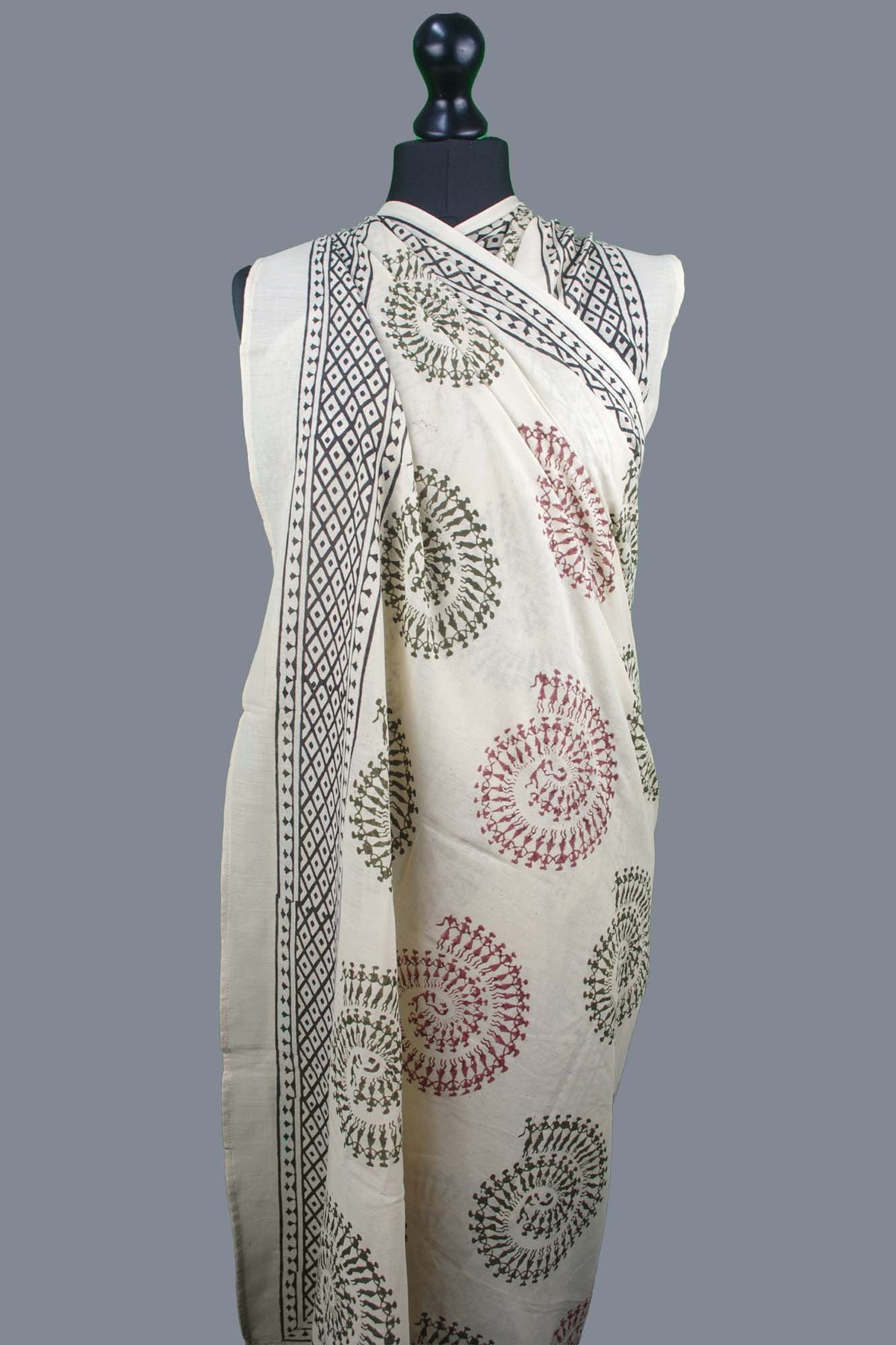 Bagru Beach Coverup Sarong Pareo - Warli Spiral Dance Beige