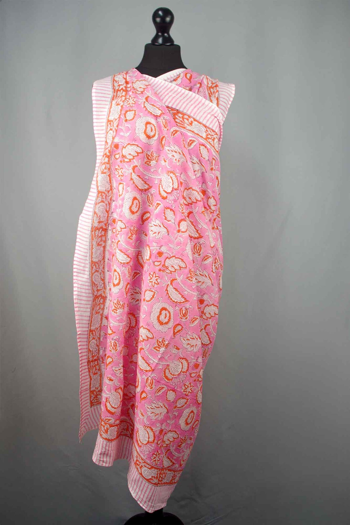 Beach Coverup Sarong Pareo - Orange Coral Floral With Pink