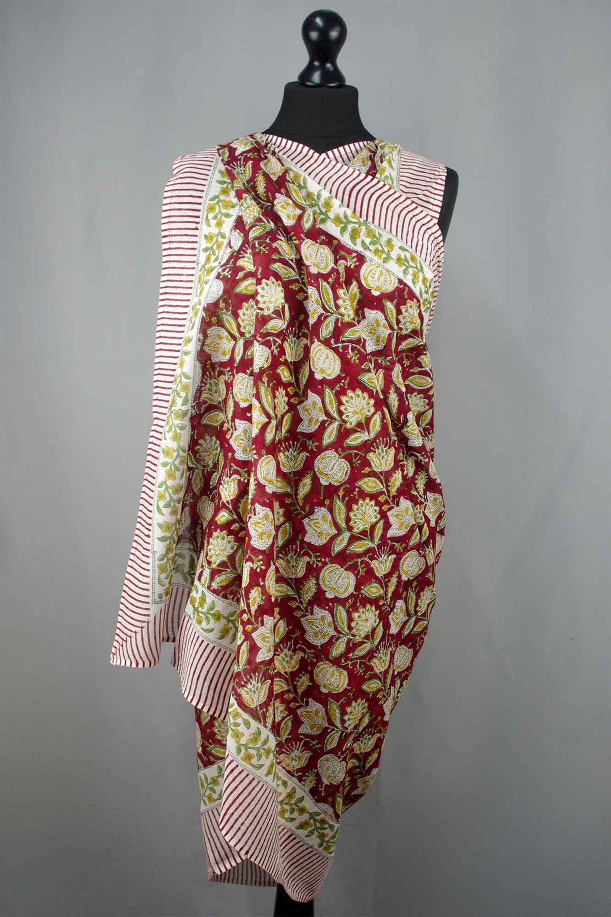 Block Printed Scarf - Wine Red & Olive Green Striped