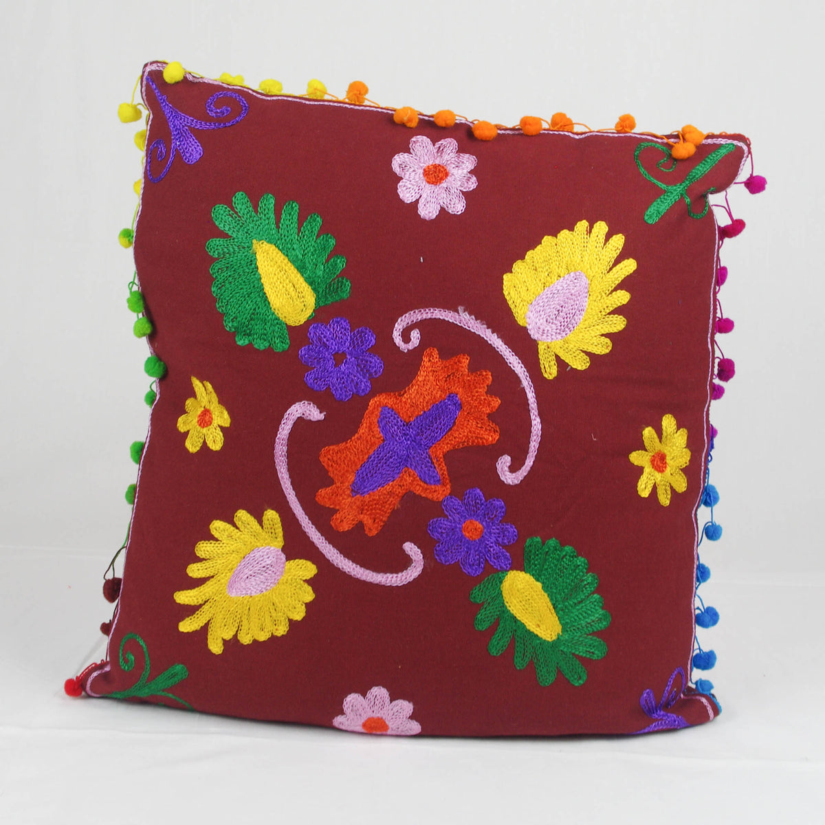Suzani Woolen Embroidered Cotton Cushion Cover - Brown Multicolour
