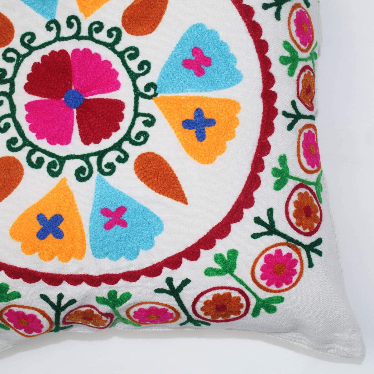 Suzani Woolen Embroidered Cotton Cushion Cover 18''- White