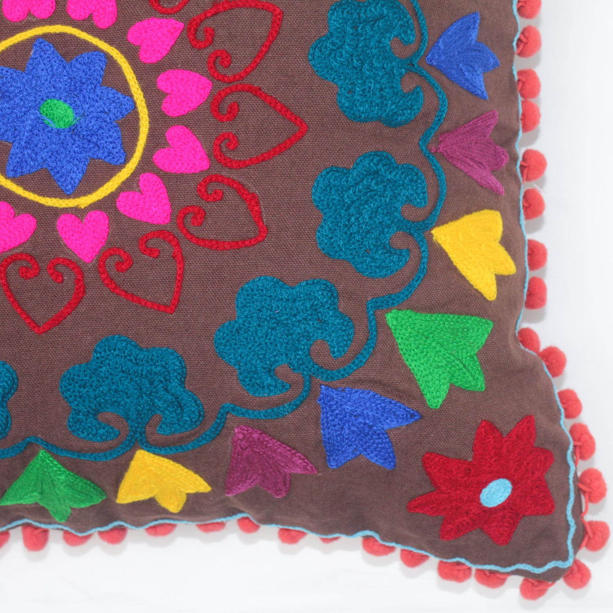 Suzani Woolen Embroidered Cotton Cushion Cover - Coffee Brown
