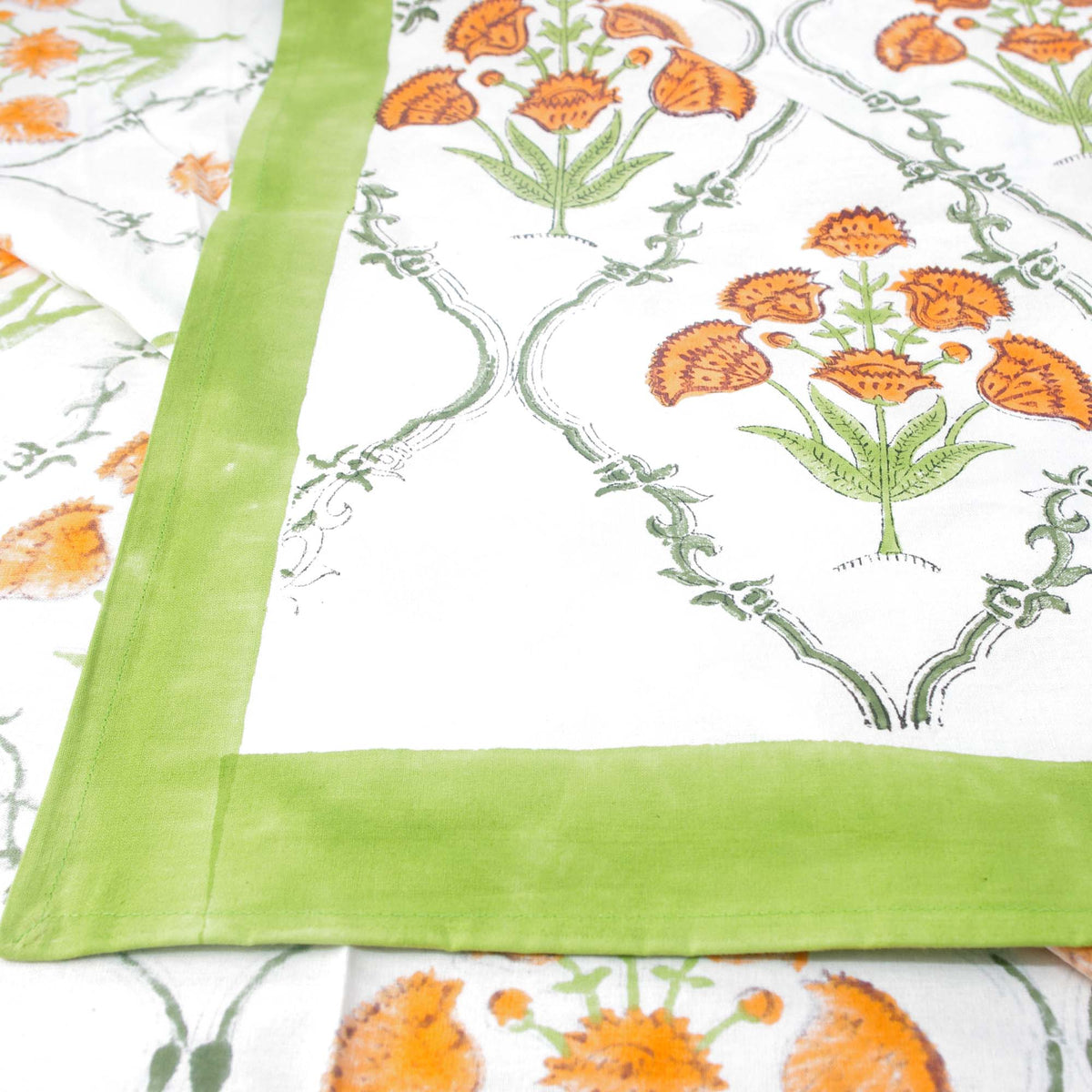 Green Orange bouquet Block Printed Rectangle Tablecloth Table Cover