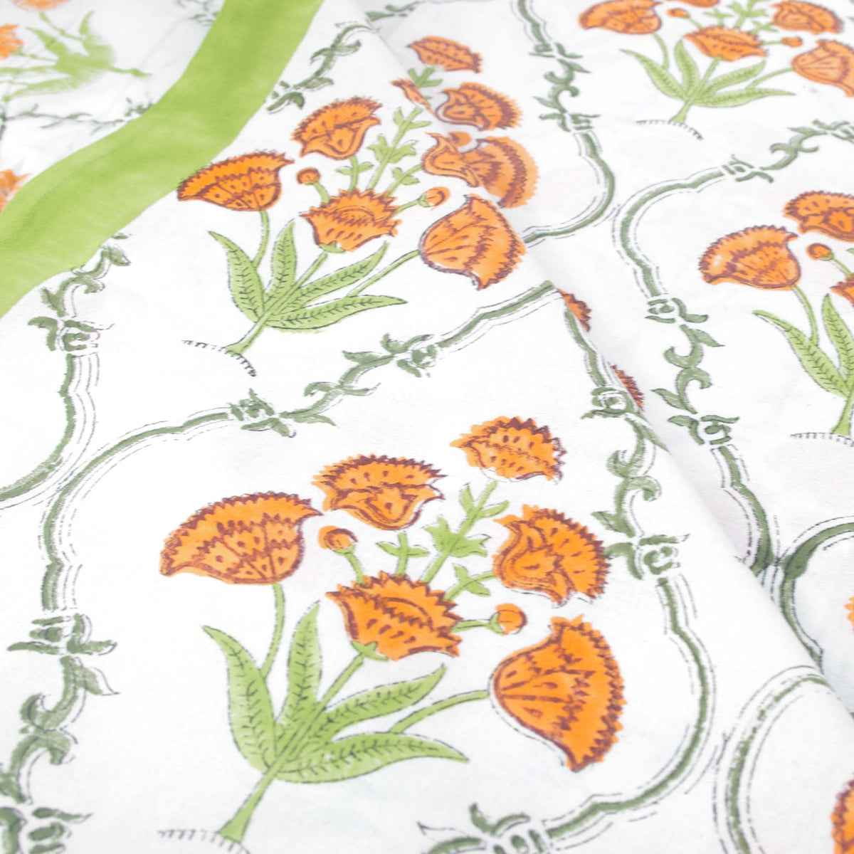 Green Orange bouquet Block Printed Rectangle Tablecloth Table Cover