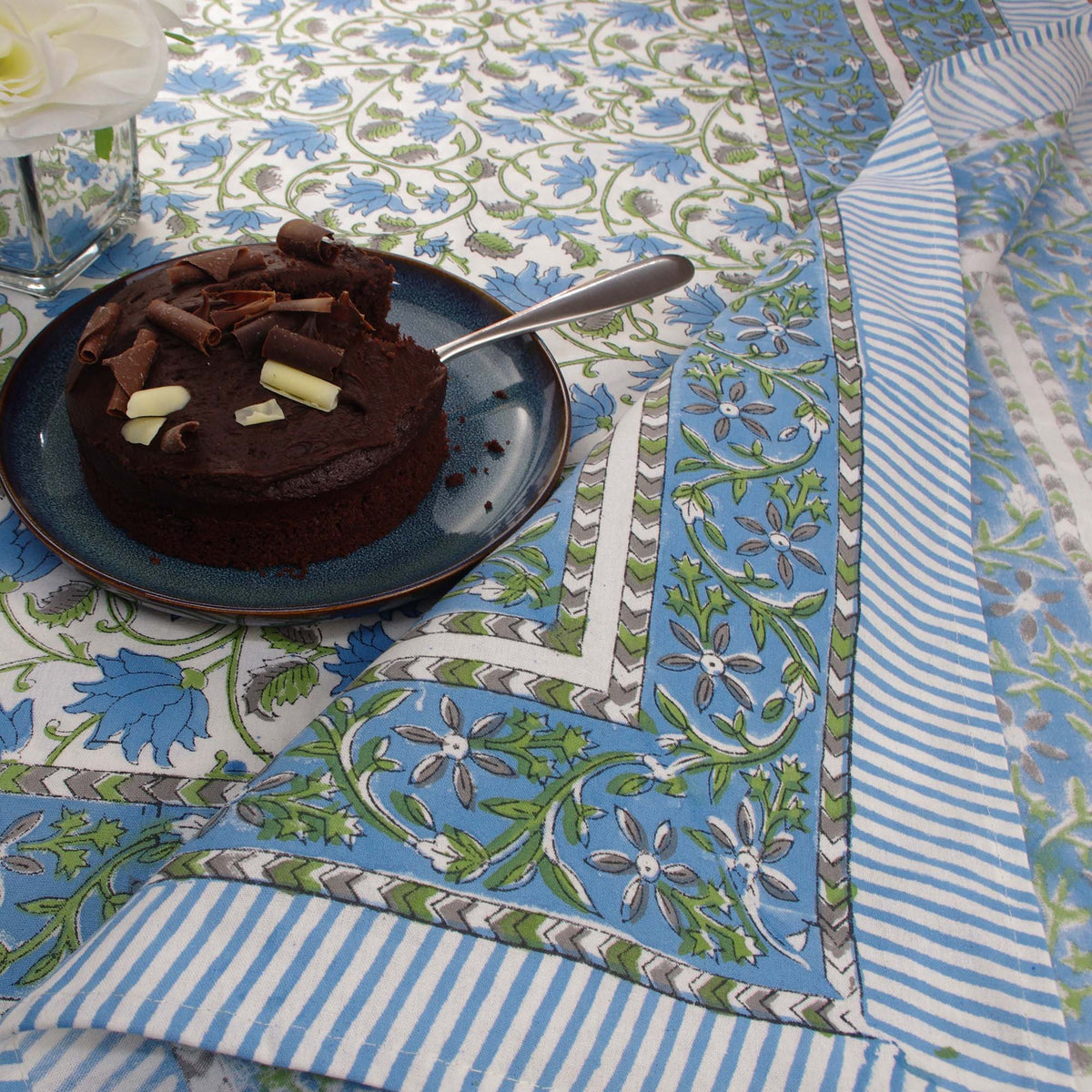 Blue Floral Jaal Block Printed Rectangle Tablecloth Table Cover