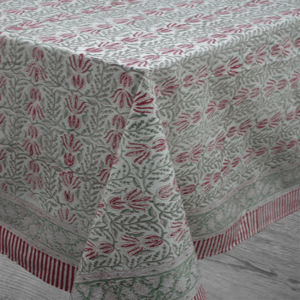 Block Printed Rectangle Tablecloth Table Cover - Lotus Jaal On White