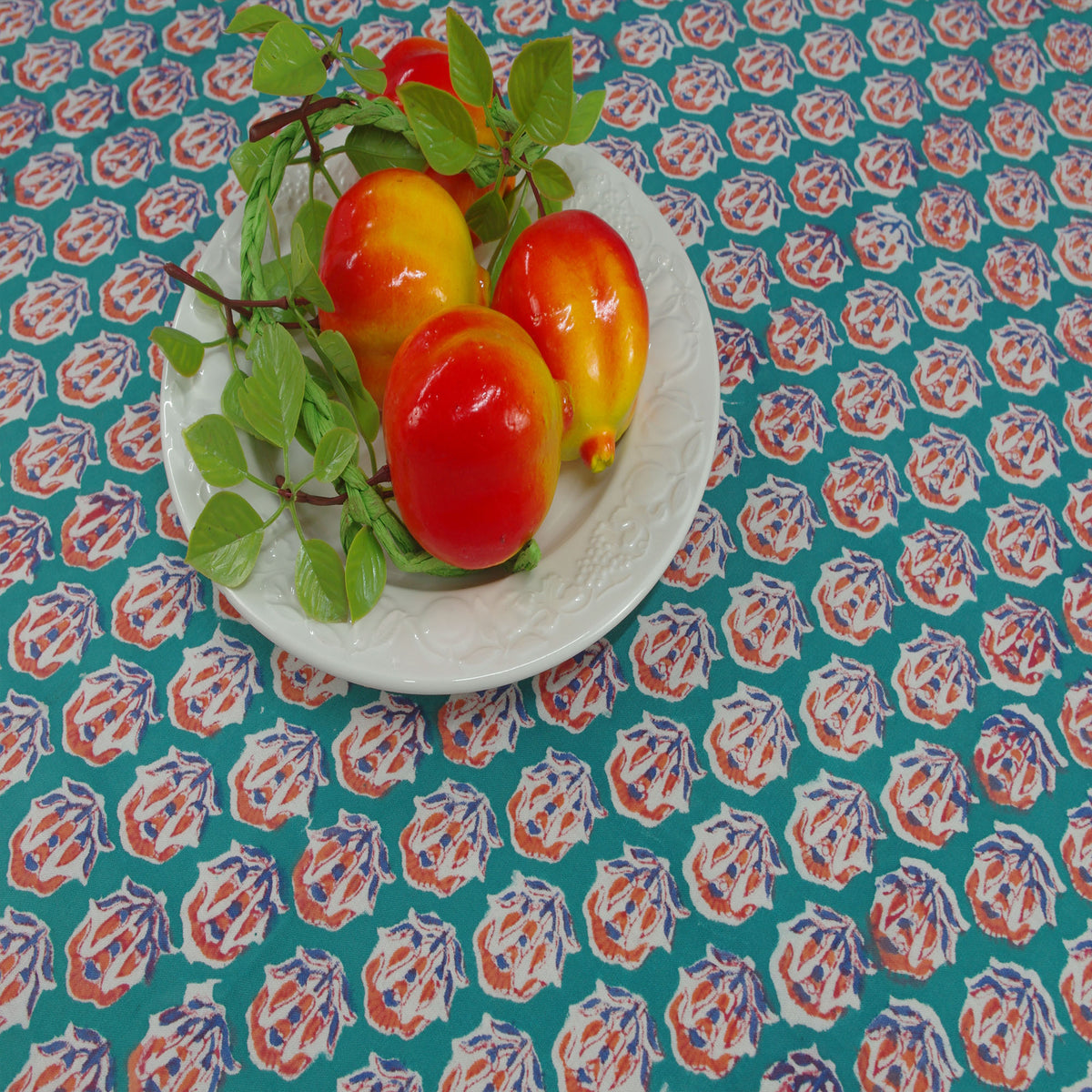 Teal & Orange Floral Pattern Block Printed Rectangle Tablecloth Table Cover