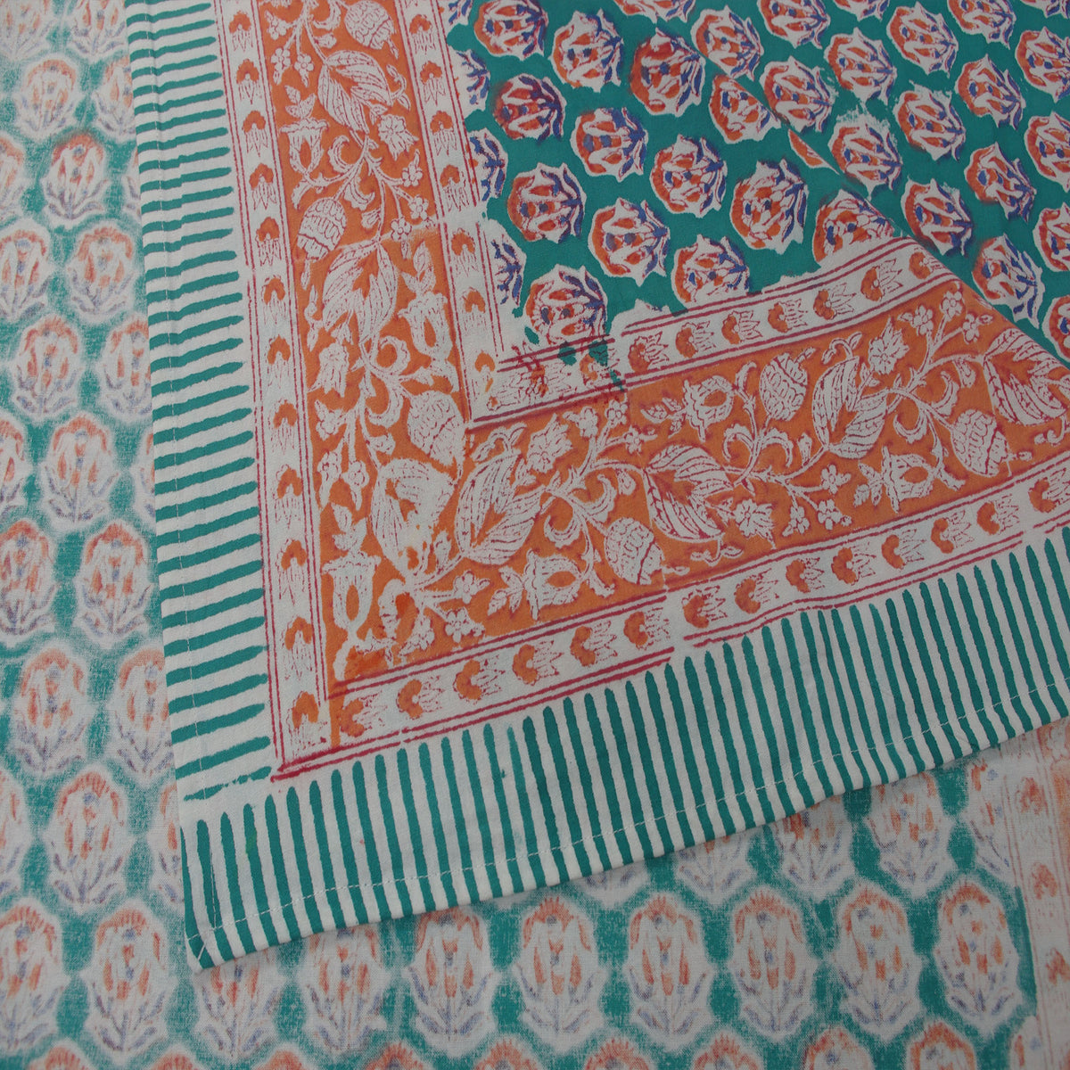 Teal & Orange Floral Pattern Block Printed Rectangle Tablecloth Table Cover
