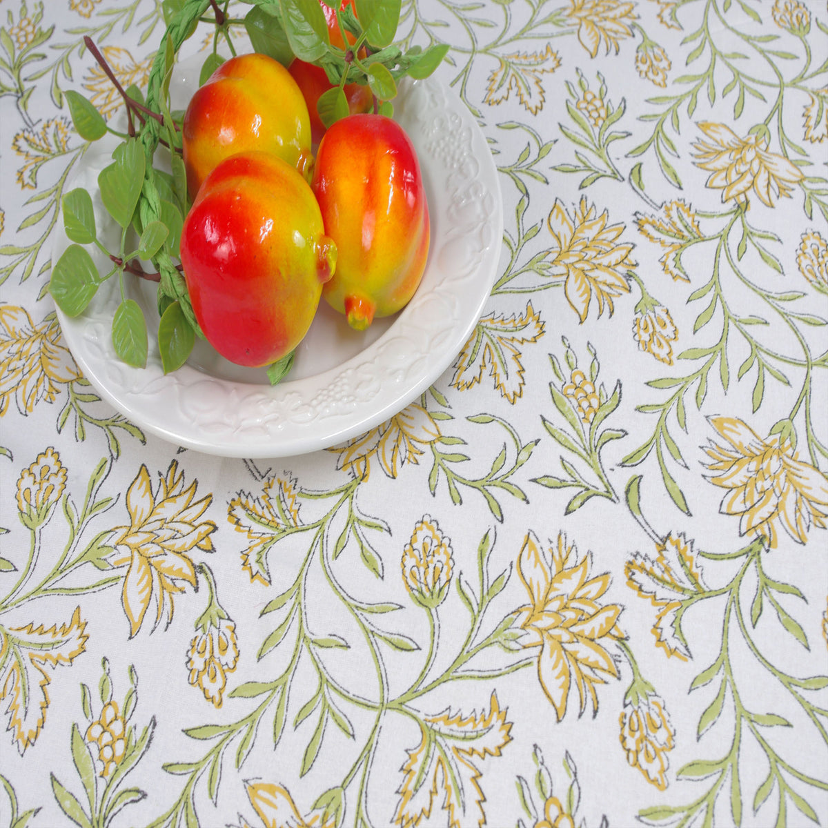Block Printed Rectangle Tablecloth Table Cover- Yellow & Green Floral