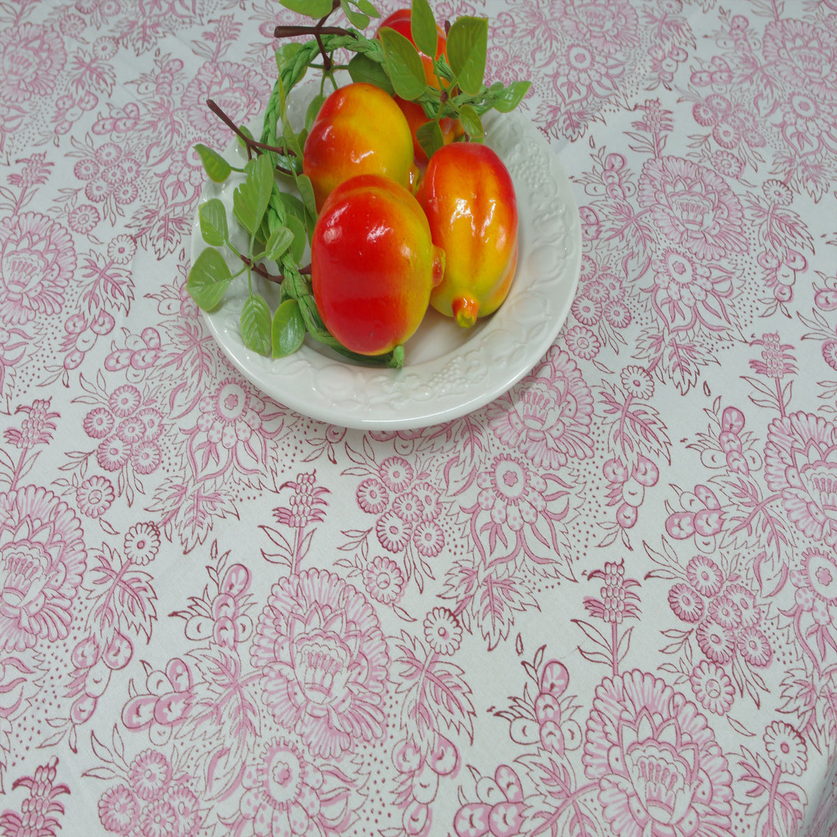 Block Printed Rectangle Tablecloth Table Cover - Pink Wild Flowers