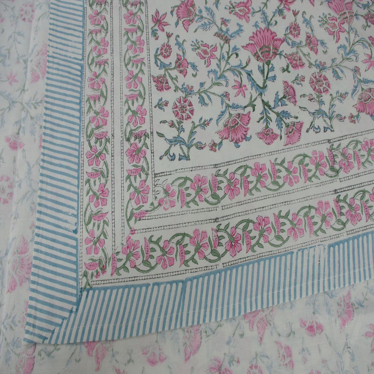Block Printed Rectangle Tablecloth Table Cover - Pink Carnation