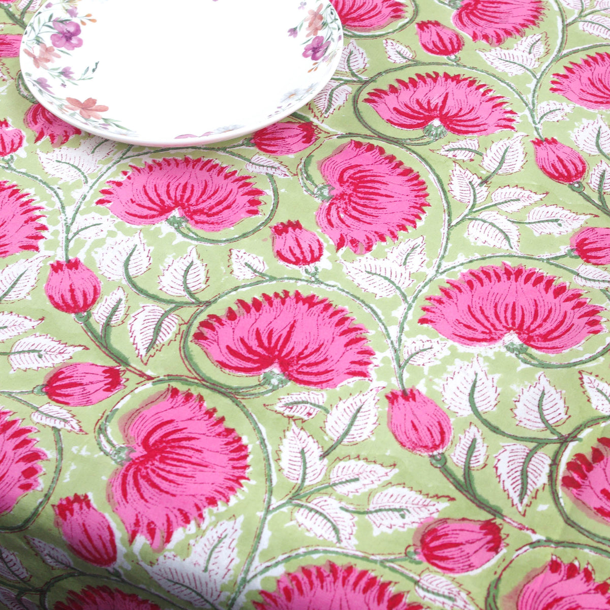 Block Printed Rectangle Tablecloth Table Cover - Green Lotus