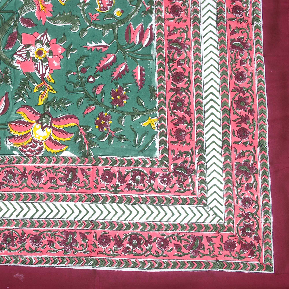 Block Printed Rectangle Tablecloth Table Cover - Pink Green Magic