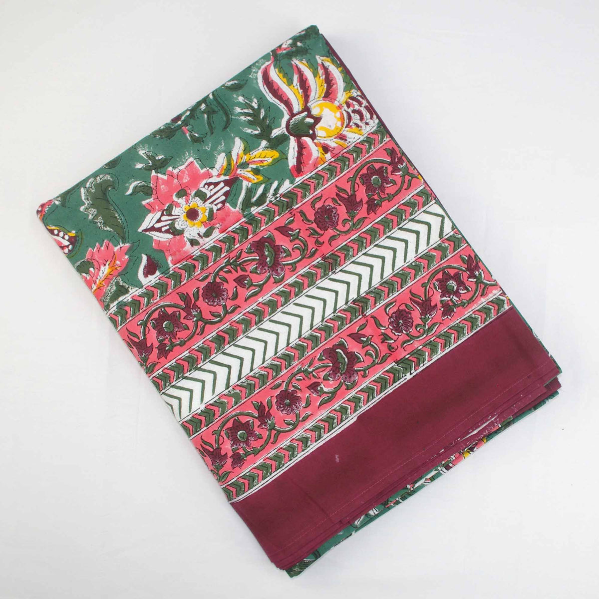 Block Printed Rectangle Tablecloth Table Cover - Pink Green Magic