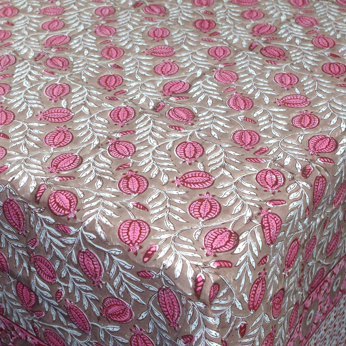 Block Printed Rectangle Tablecloth Table Cover - Pink Fruits On Coffe Brown Base