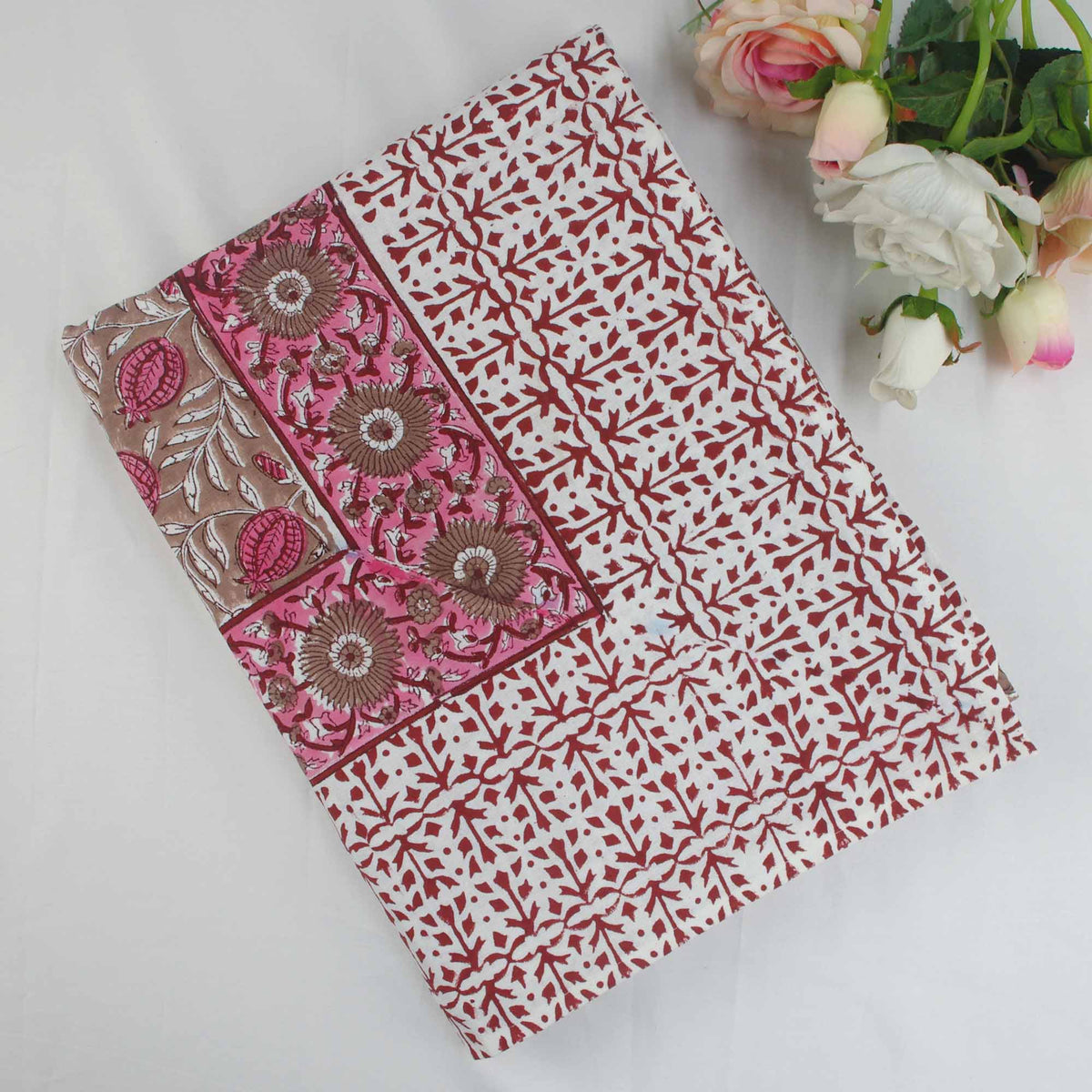 Block Printed Rectangle Tablecloth Table Cover - Pink Fruits On Coffe Brown Base