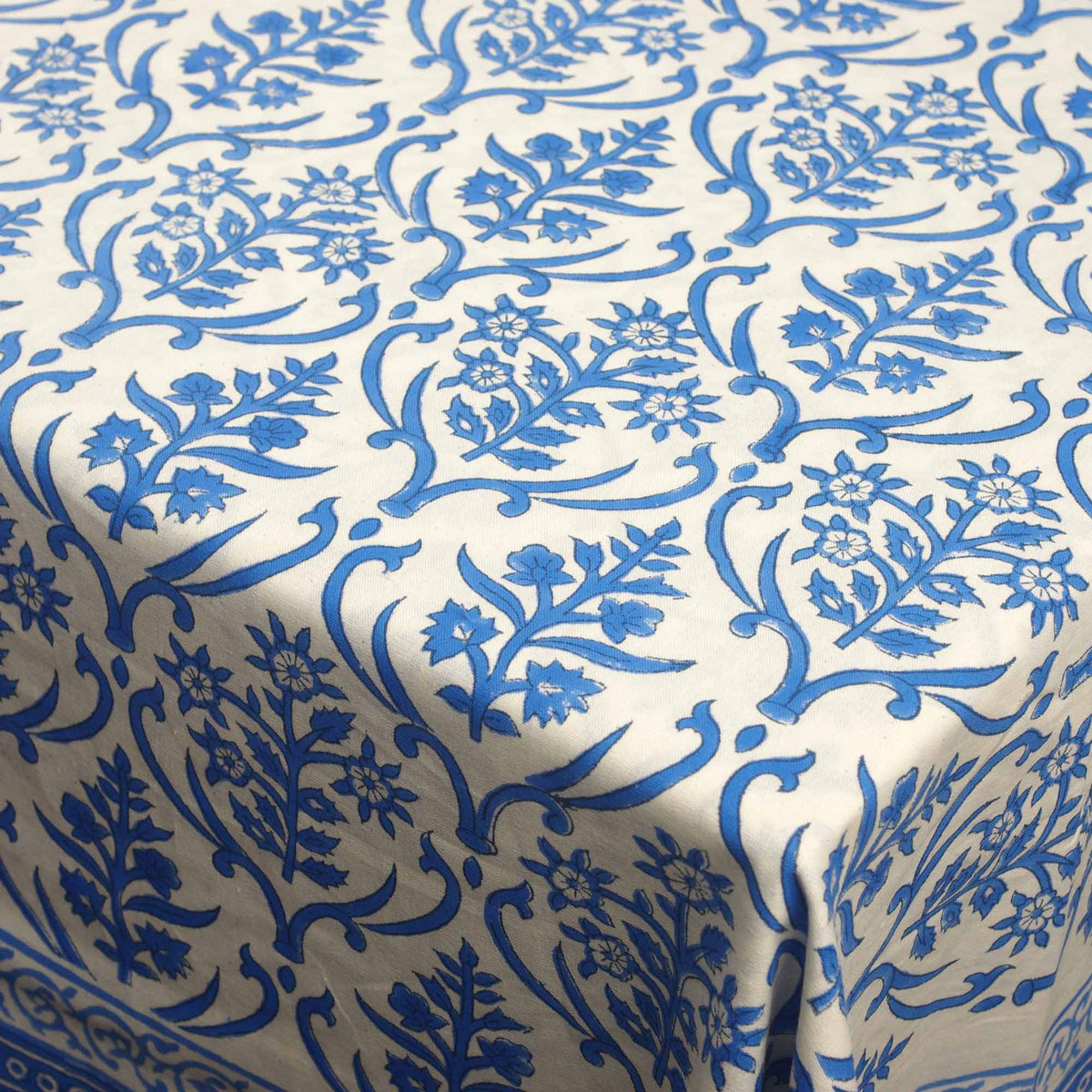 Block Printed Rectangle Tablecloth Table Cover - Blue Floral Jaal On White