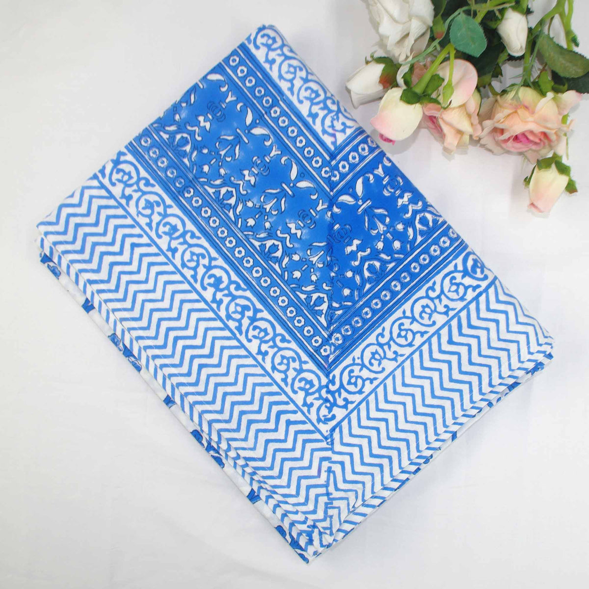 Block Printed Rectangle Tablecloth Table Cover - Blue Floral Jaal On White