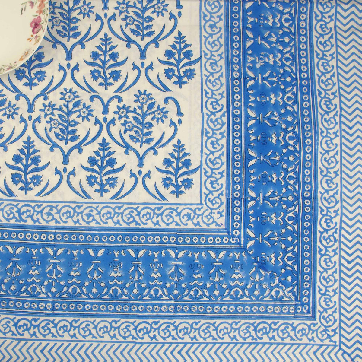 Block Printed Rectangle Tablecloth Table Cover - Blue Floral Jaal On White