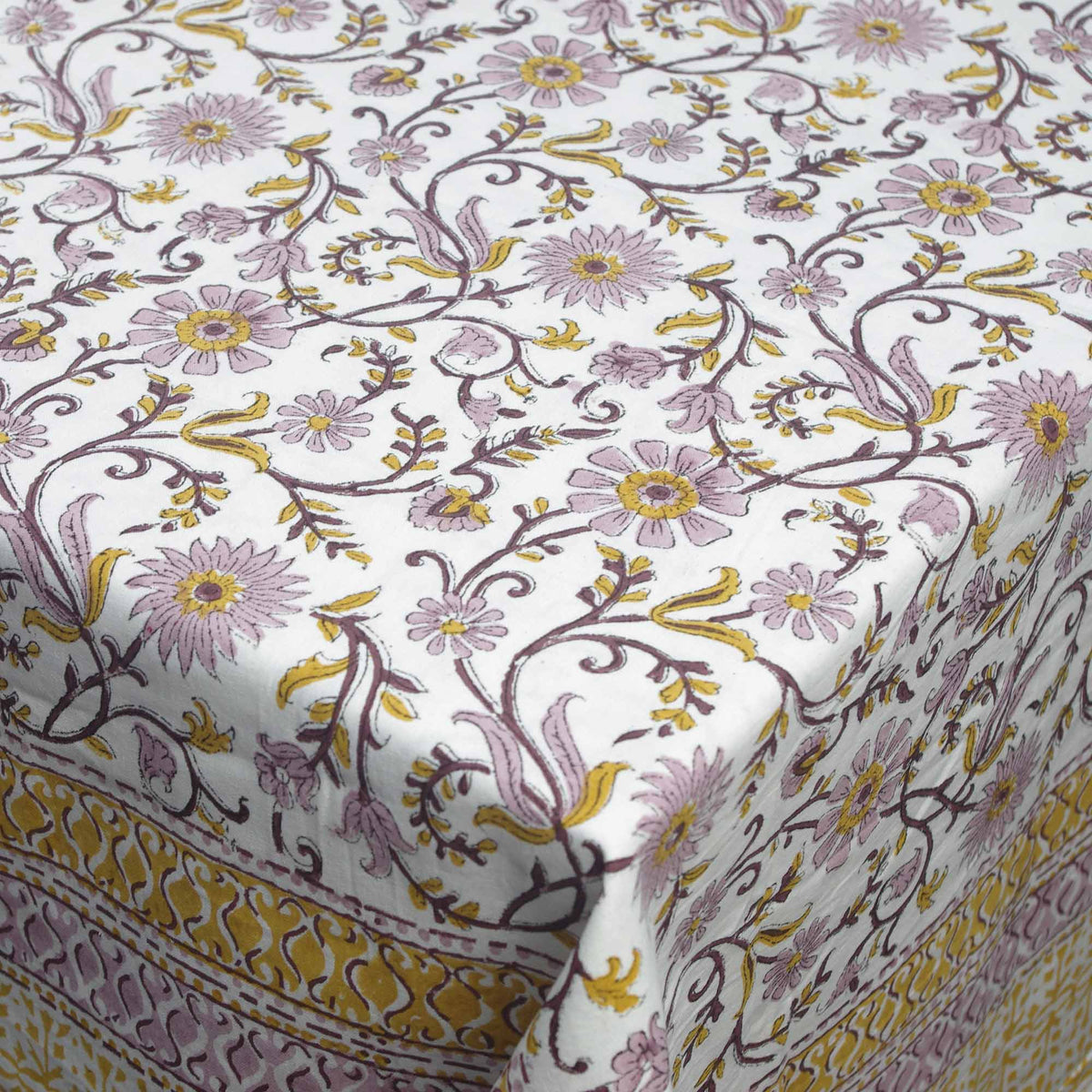 Block Printed Rectangle Tablecloth Table Cover - Purple Floral Jaal