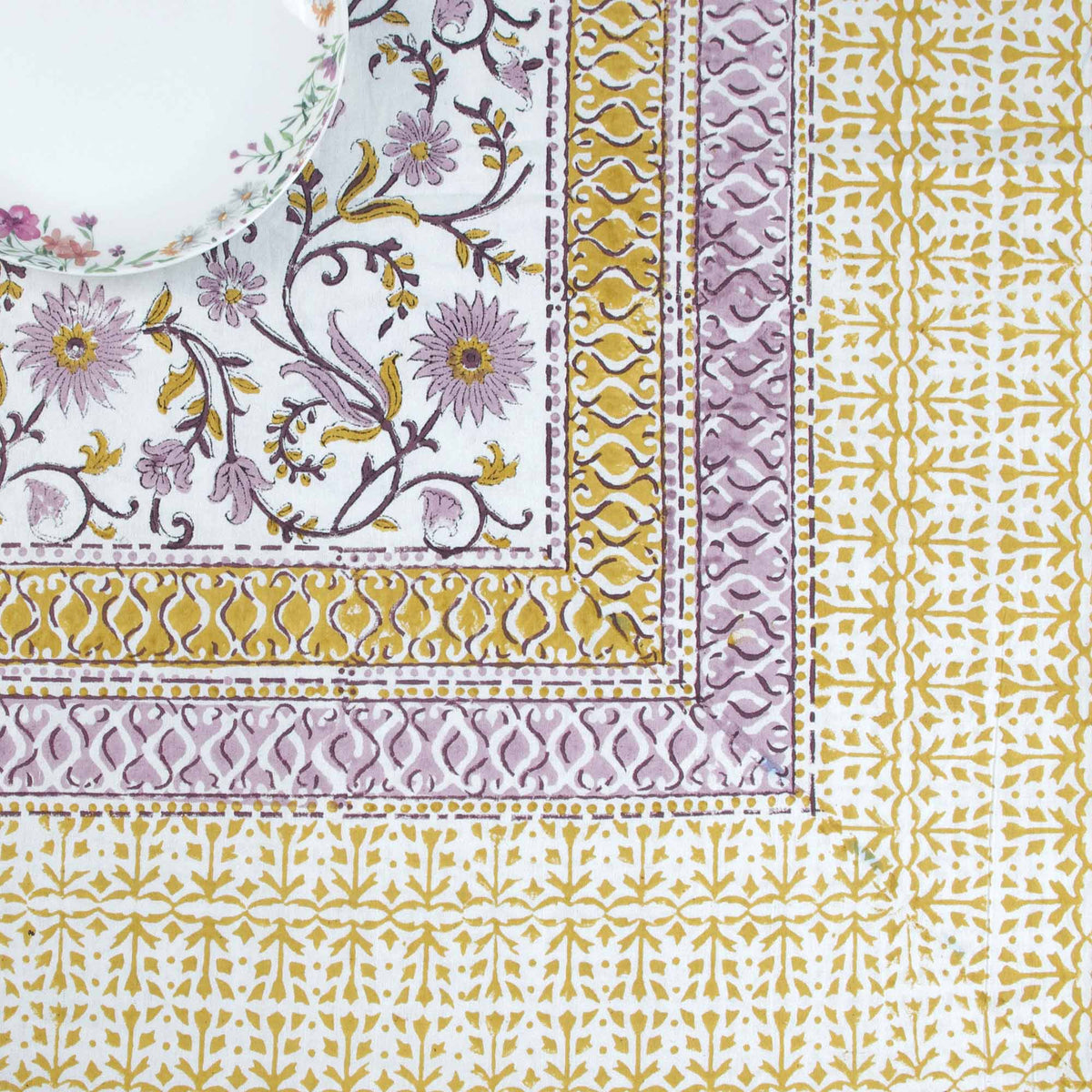 Block Printed Rectangle Tablecloth Table Cover - Purple Floral Jaal