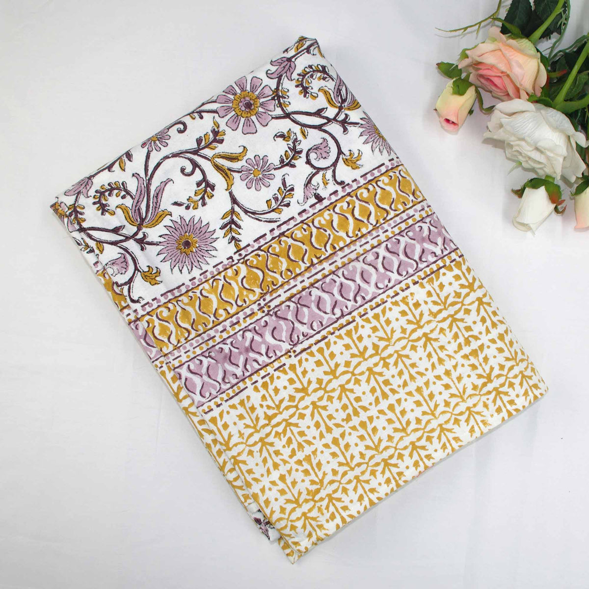 Block Printed Rectangle Tablecloth Table Cover - Purple Floral Jaal