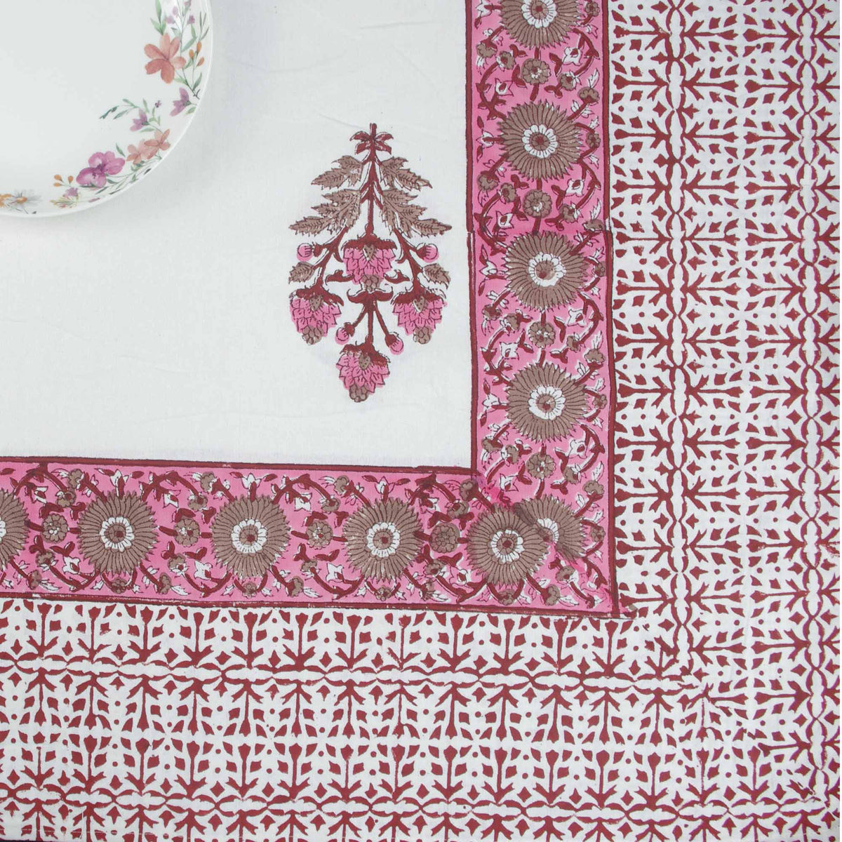 Block Printed Rectangle Tablecloth Table Cover - Floral Bouquet On White