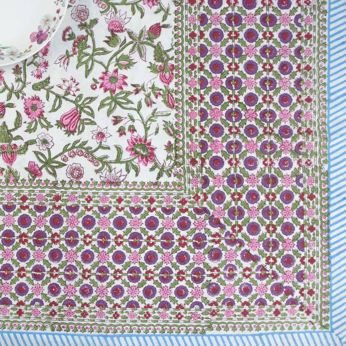 Block Printed Rectangle Tablecloth Table Cover - Pink Tropical