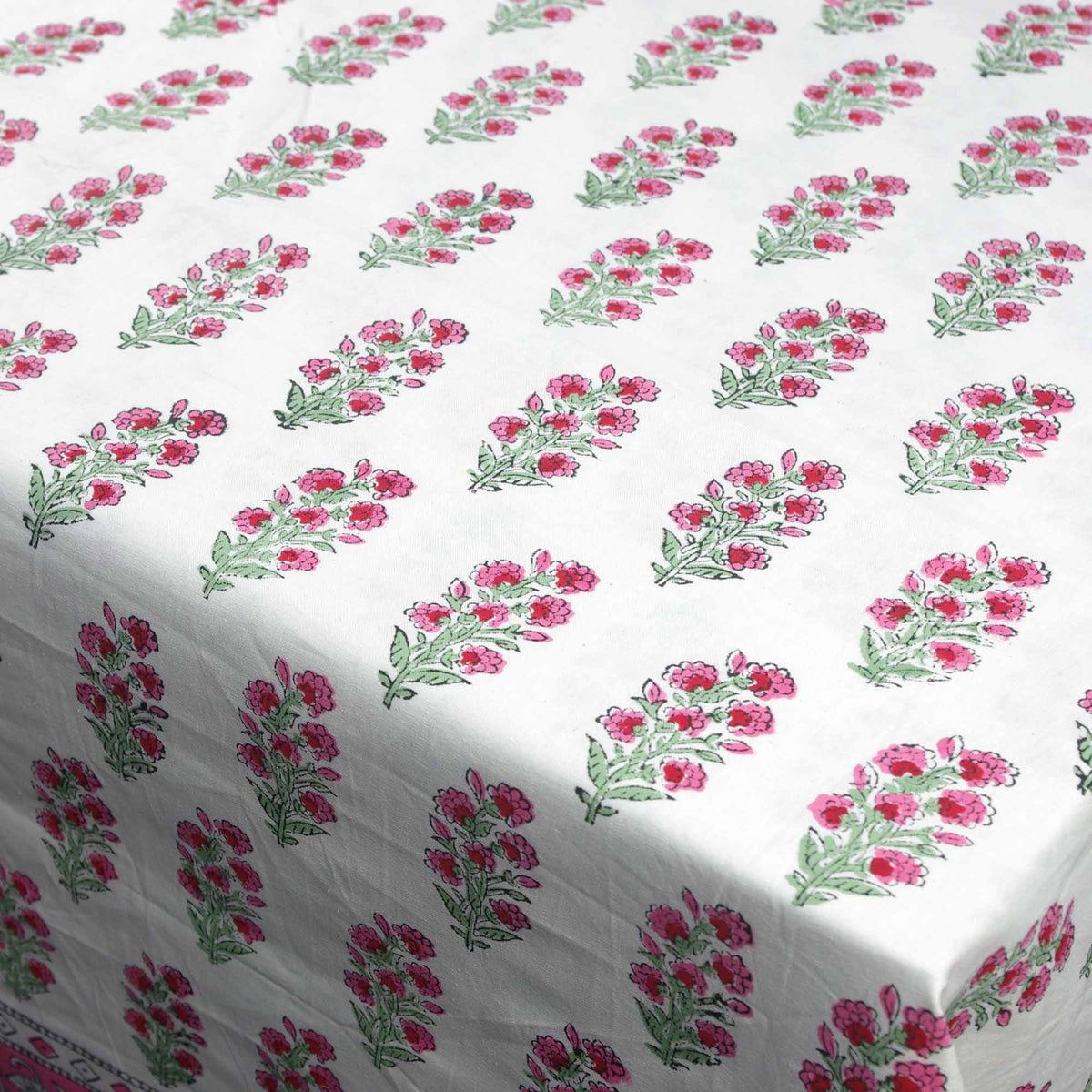 Block Printed Rectangle Tablecloth Table Cover - Pink Floral Booti On White