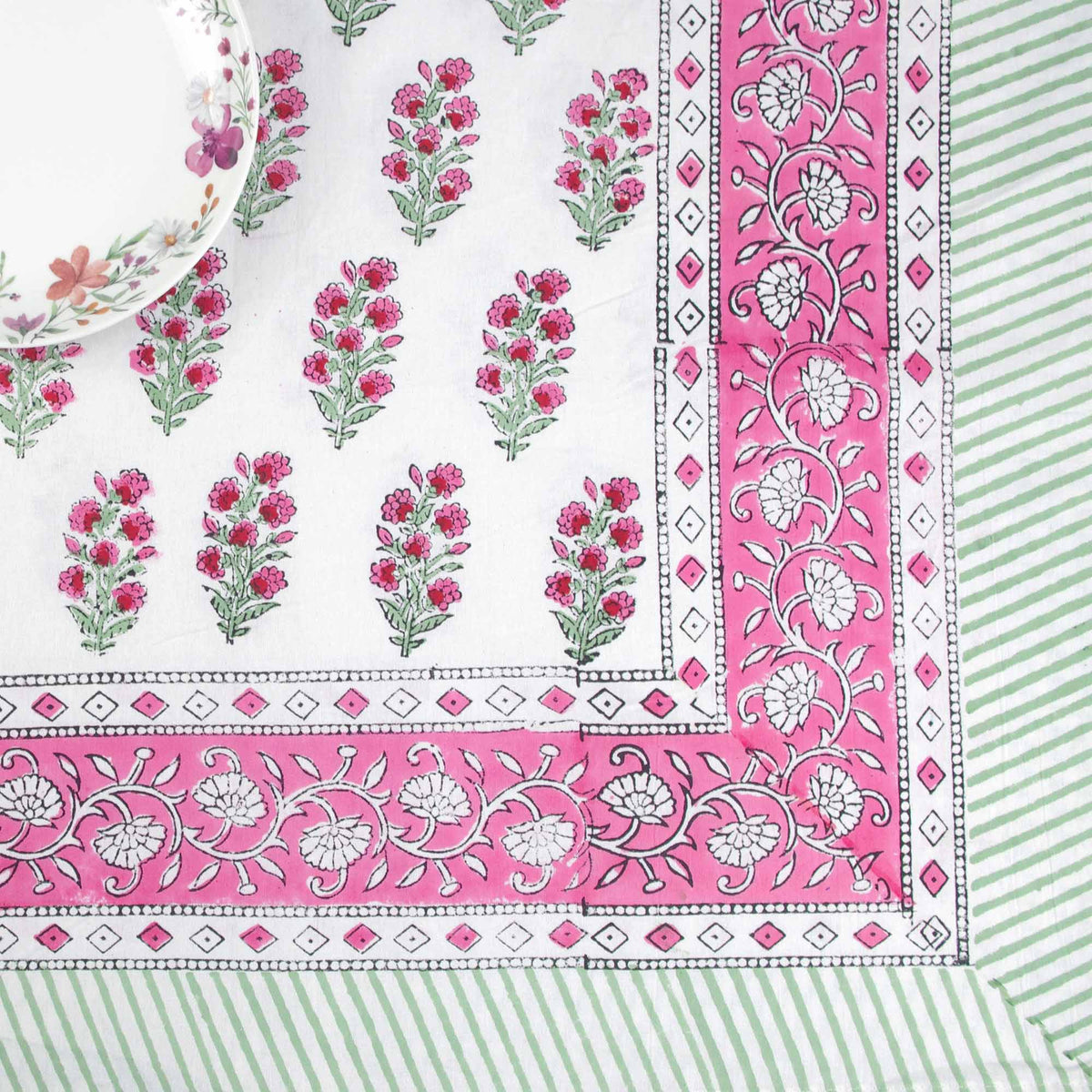 Block Printed Rectangle Tablecloth Table Cover - Pink Floral Booti On White