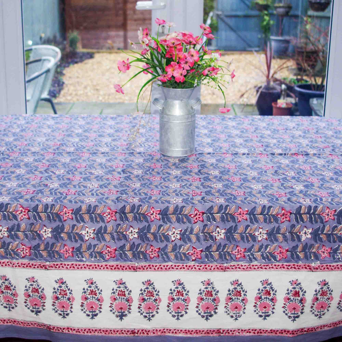 Blue and Pink Botanical Leaf Pattern Block Printed Rectangle Tablecloth Table Cover