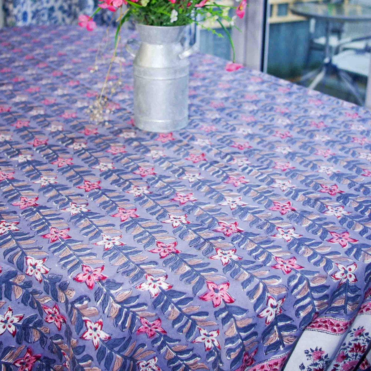 Blue and Pink Botanical Leaf Pattern Block Printed Rectangle Tablecloth Table Cover