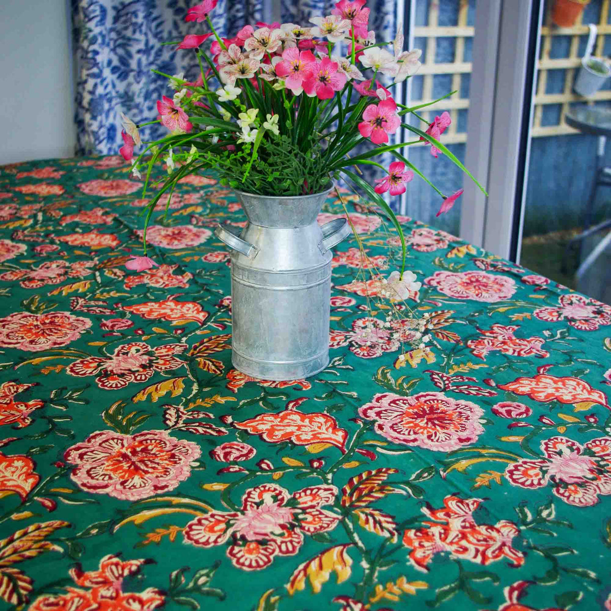Teal Green Floral Print Block Printed Rectangle Tablecloth Table Cover